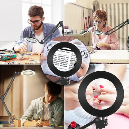 2-in-1 Black LED Magnifier Desk Lamp With Base and Clip - Hands-Free, Dimmable 3-Color Light for Crafts & Workbench - Mekamart Australia