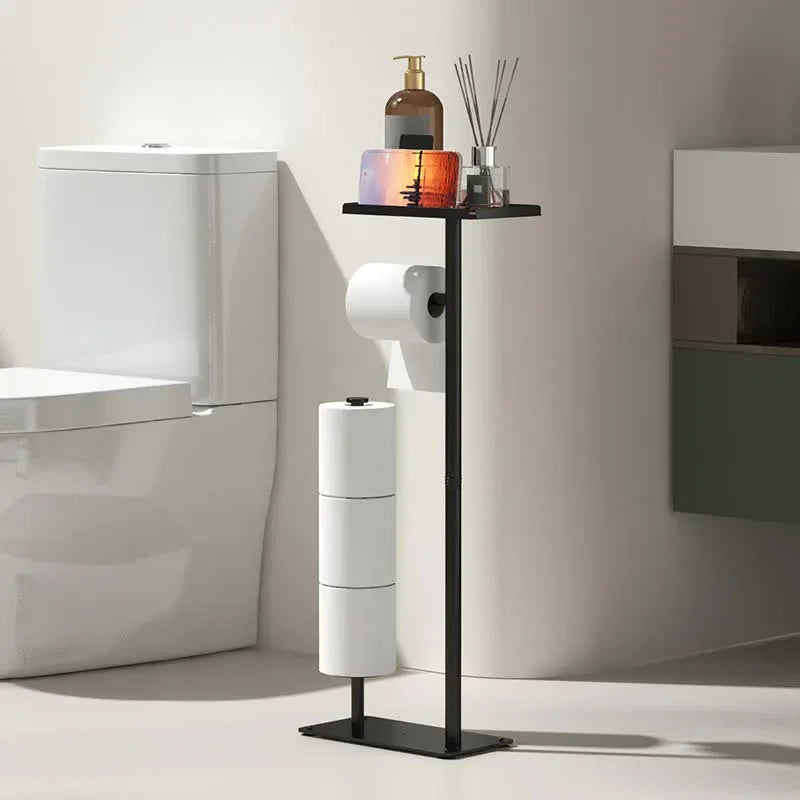 2-in-1 Freestanding Toilet Paper Holder - Thick Carbon Steel with Matte Black Finish, Storage Top and 2 * Paper Roll Holder - Mekamart Australia
