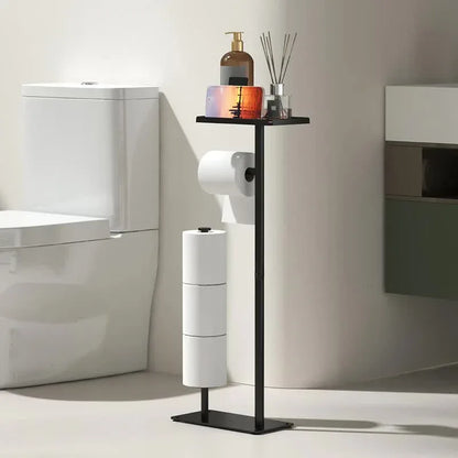 2-in-1 Freestanding Toilet Paper Holder - Thick Carbon Steel with Matte Black Finish, Storage Top and 2 * Paper Roll Holder - Mekamart Australia