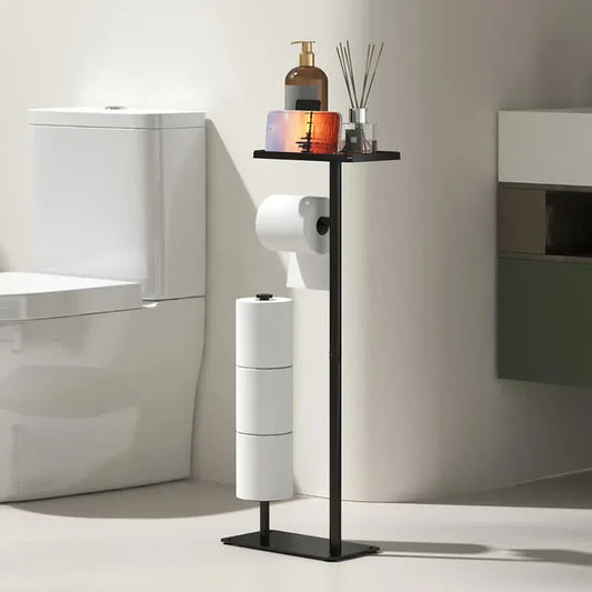 2-in-1 Freestanding Toilet Paper Holder - Thick Carbon Steel with Matte Black Finish, Storage Top and 2 * Paper Roll Holder - Mekamart Australia