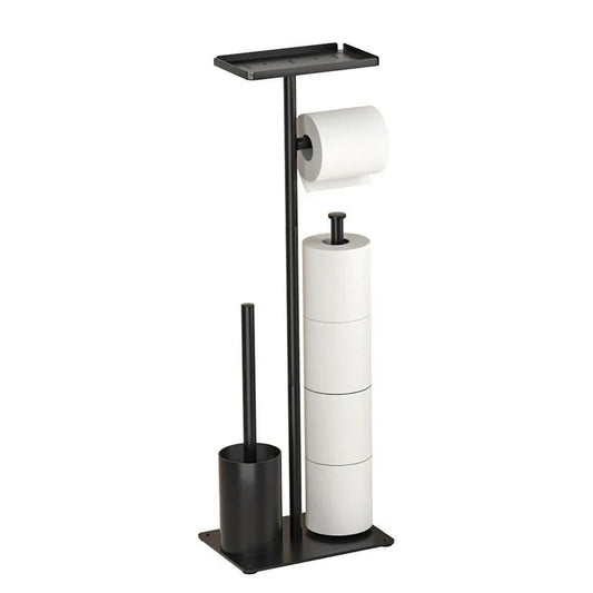 3-in-1 Freestanding Toilet Paper Holder - Thick Carbon Steel with Matte Black Finish, Storage Top, Paper Roll Holder, and Integrated Brush Holder - Mekamart Australia