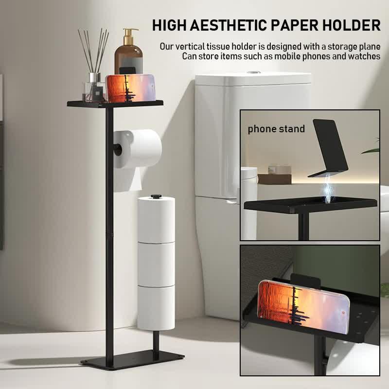 3-in-1 Freestanding Toilet Paper Holder - Thick Carbon Steel with Matte Black Finish, Storage Top, Paper Roll Holder, and Integrated Brush Holder - Mekamart Australia