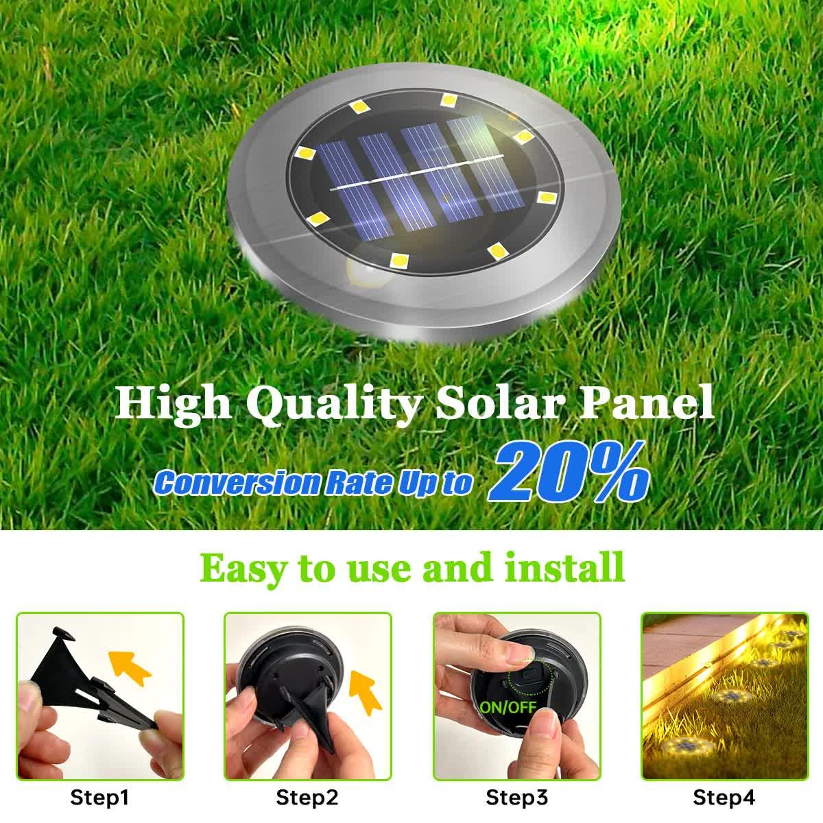 4-Pack New Solar LED In-Ground Yellow Lights (Single 8.3x8.3x10 cm) - Stainless Steel & ABS Waterproof Outdoor Garden Pathway and Landscape Spike Lamp - Mekamart Australia
