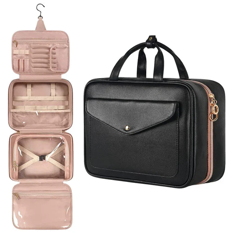 Black Portable Large Hanging Womens' Luxury PU Leather Cosmetic Bag - Waterproof Travel Toiletry Organizer , Easy Visibility & Durable - Mekamart Australia
