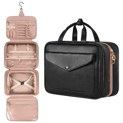 Black Portable Large Hanging Womens' Luxury PU Leather Cosmetic Bag - Waterproof Travel Toiletry Organizer , Easy Visibility & Durable - Mekamart Australia