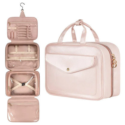 Pink Portable Large Hanging Womens' Luxury PU Leather Cosmetic Bag - Waterproof Travel Toiletry Organizer , Easy Visibility & Durable - Mekamart Australia