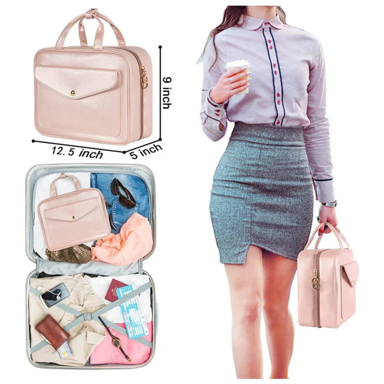 Pink Portable Large Hanging Womens' Luxury PU Leather Cosmetic Bag - Waterproof Travel Toiletry Organizer , Easy Visibility & Durable - Mekamart Australia