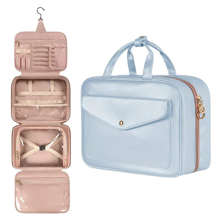 Blue Portable Large Hanging Womens' Luxury PU Leather Cosmetic Bag - Waterproof Travel Toiletry Organizer , Easy Visibility & Durable - Mekamart Australia