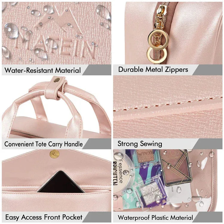 Blue Portable Large Hanging Womens' Luxury PU Leather Cosmetic Bag - Waterproof Travel Toiletry Organizer , Easy Visibility & Durable - Mekamart Australia