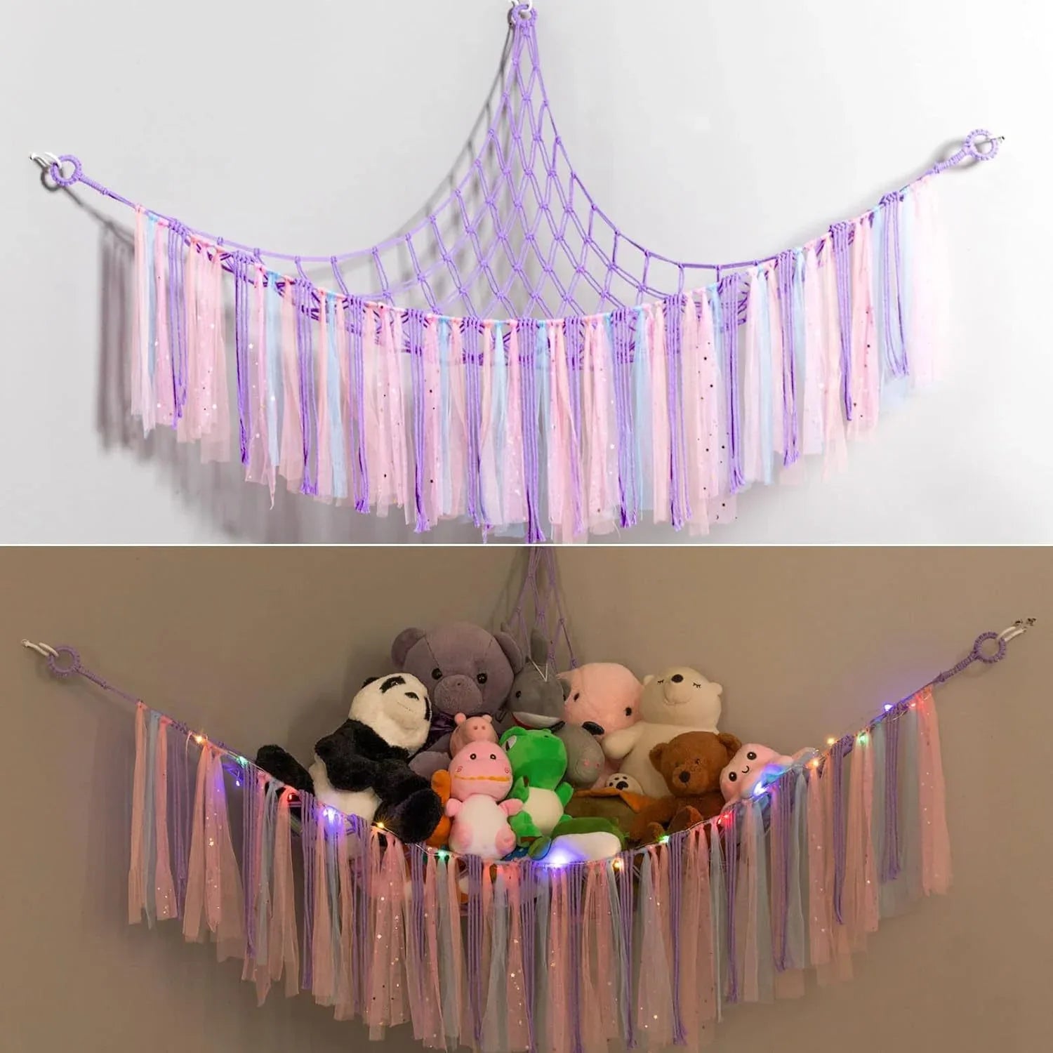 Purple Corner Plush Toy Organizer (100x100x150cm) with Ribbon Accent & Installation Kit - Handwoven Cotton Mesh Toy Storage Hammock - Mekamart Australia