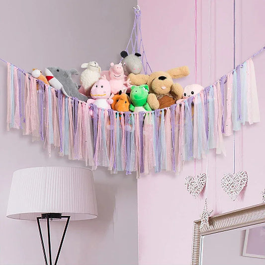 Purple Corner Plush Toy Organizer (100x100x150cm) with Ribbon Accent & Installation Kit - Handwoven Cotton Mesh Toy Storage Hammock - Mekamart Australia