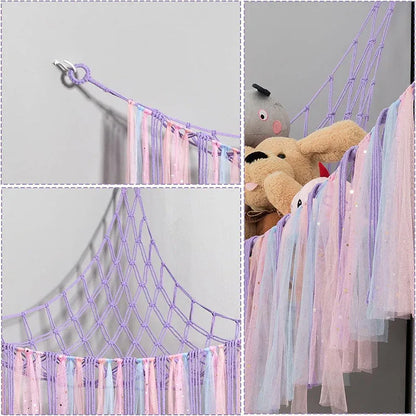 Purple Corner Plush Toy Organizer (100x100x150cm) with Ribbon Accent & Installation Kit - Handwoven Cotton Mesh Toy Storage Hammock - Mekamart Australia