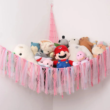 Pink Corner Plush Toy Organizer (100x100x150cm) with Ribbon Accent & Installation Kit - Handwoven Cotton Mesh Toy Storage Hammock - Mekamart Australia