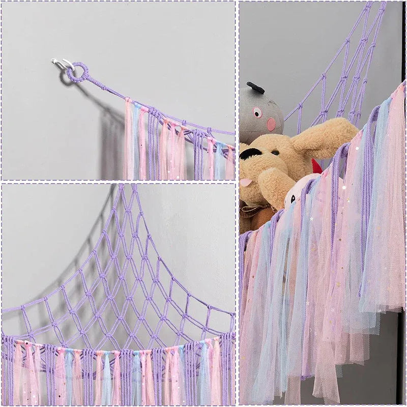 Pink Corner Plush Toy Organizer (100x100x150cm) with Ribbon Accent & Installation Kit - Handwoven Cotton Mesh Toy Storage Hammock - Mekamart Australia