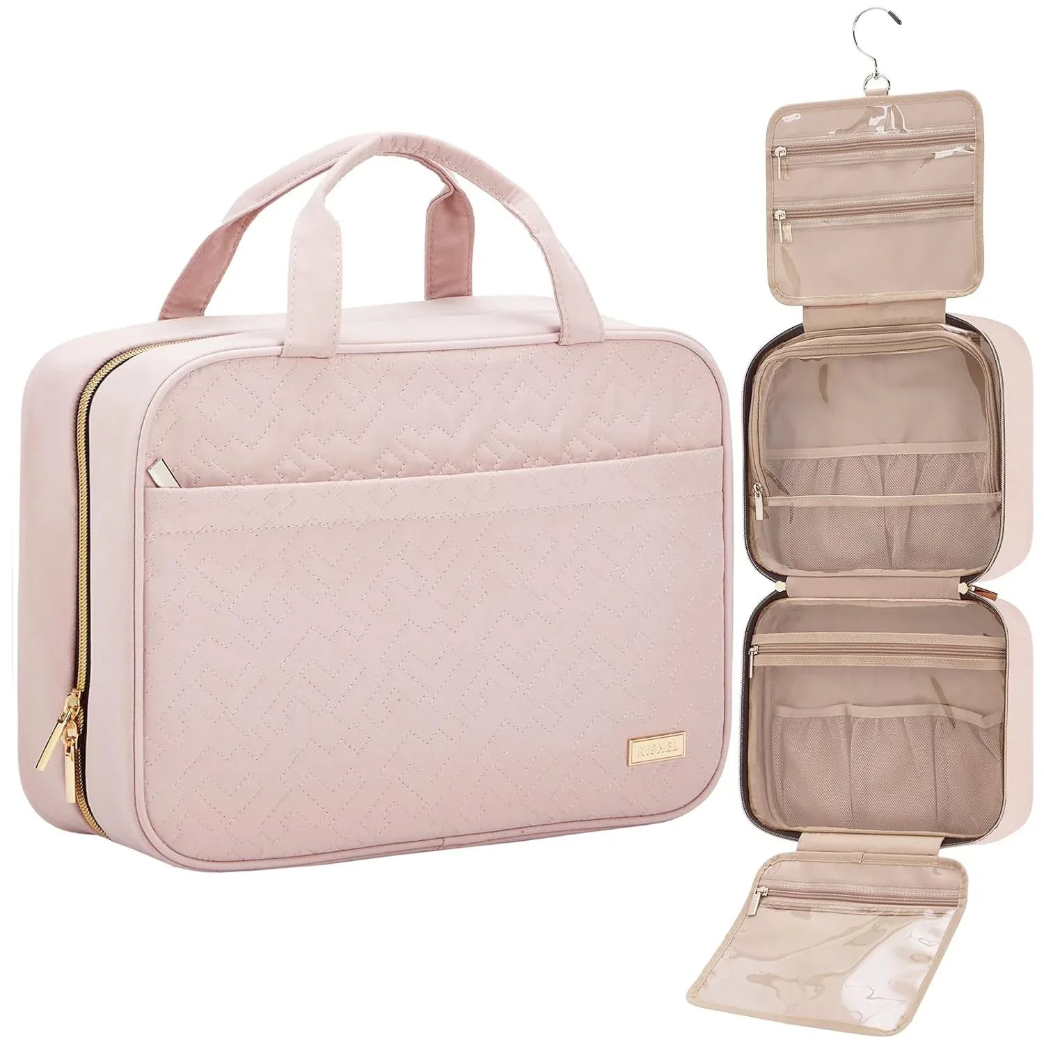 Pink Large Capacity Hanging Toiletry Bag for Women(30.5 x 22.5 x 12 cm) - Checked Pattern Waterproof Cosmetic Organizer, Dry/Wet Separation & Multi-Compartment - Mekamart Australia