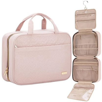Pink Large Capacity Hanging Toiletry Bag for Women(30.5 x 22.5 x 12 cm) - Checked Pattern Waterproof Cosmetic Organizer, Dry/Wet Separation & Multi-Compartment - Mekamart Australia