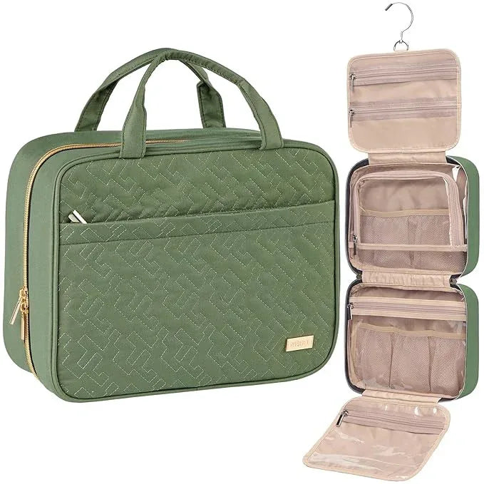 Green Large Capacity Hanging Toiletry Bag for Women(30.5 x 22.5 x 12 cm) - Checked Pattern Waterproof Cosmetic Organizer, Dry/Wet Separation & Multi-Compartment - Mekamart Australia