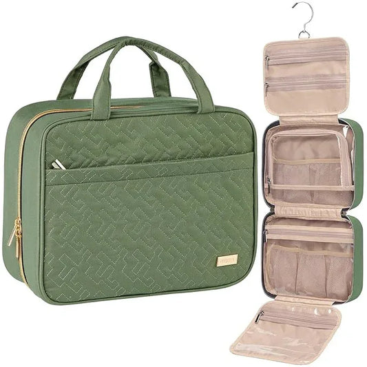 Green Large Capacity Hanging Toiletry Bag for Women(30.5 x 22.5 x 12 cm) - Checked Pattern Waterproof Cosmetic Organizer, Dry/Wet Separation & Multi-Compartment - Mekamart Australia