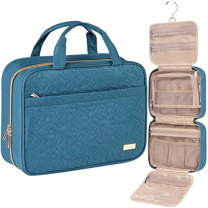 Light Blue Large Capacity Hanging Toiletry Bag for Women(30.5 x 22.5 x 12 cm) - Checked Pattern Waterproof Cosmetic Organizer, Dry/Wet Separation & Multi-Compartment - Mekamart Australia