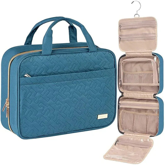 Light Blue Large Capacity Hanging Toiletry Bag for Women(30.5 x 22.5 x 12 cm) - Checked Pattern Waterproof Cosmetic Organizer, Dry/Wet Separation & Multi-Compartment - Mekamart Australia