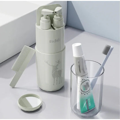 Grey Deluxe 8-in-1 Travel Toiletry Set - Portable All-in-One Toothbrush Holder, Wash Cup, Towel and 2 * Refill Bottles for Travel & Camping - Mekamart Australia