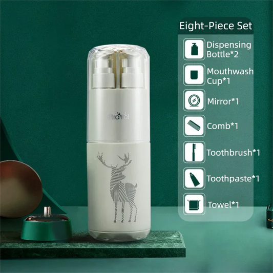 Green Deluxe 8-in-1 Travel Toiletry Set - Portable All-in-One Toothbrush Holder, Wash Cup, Towel and 2 * Refill Bottles for Travel & Camping - Mekamart Australia