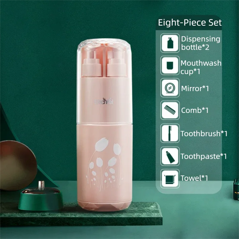 Pink Deluxe 8-in-1 Travel Toiletry Set - Portable All-in-One Toothbrush Holder, Wash Cup, Towel and 2 * Refill Bottles for Travel & Camping - Mekamart Australia