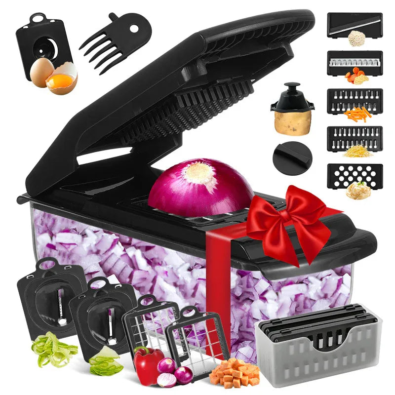 18-Piece Black Multi-Function Vegetable Chopper & Slicer Set - Rotary Grater with 5 Muti-Style Stainless Steel Blades for Home Kitchen - Mekamart Australia