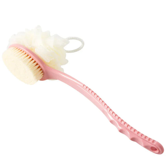 2-Pack Pink 2-in-1 Soft Bristle Long Handle Bath Brush & Shower Pouf Combo - Double-Sided Back Scrubber for Adults & Kids - Mekamart Australia