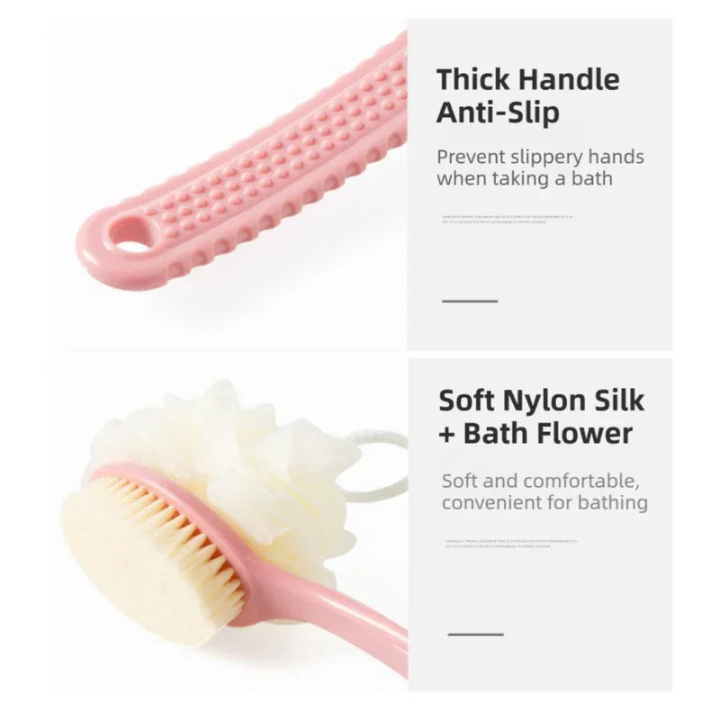 2-Pack Pink 2-in-1 Soft Bristle Long Handle Bath Brush & Shower Pouf Combo - Double-Sided Back Scrubber for Adults & Kids - Mekamart Australia