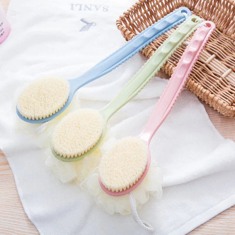 2-Pack Blue 2-in-1 Soft Bristle Long Handle Bath Brush & Shower Pouf Combo - Double-Sided Back Scrubber for Adults & Kids - Mekamart Australia