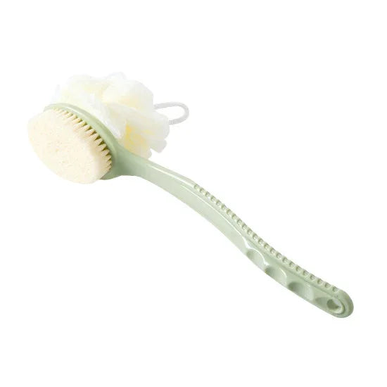 2-Pack Green 2-in-1 Soft Bristle Long Handle Bath Brush & Shower Pouf Combo - Double-Sided Back Scrubber for Adults & Kids - Mekamart Australia