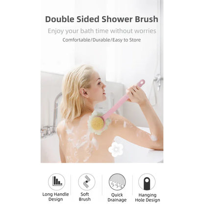 2-Pack Green 2-in-1 Soft Bristle Long Handle Bath Brush & Shower Pouf Combo - Double-Sided Back Scrubber for Adults & Kids - Mekamart Australia