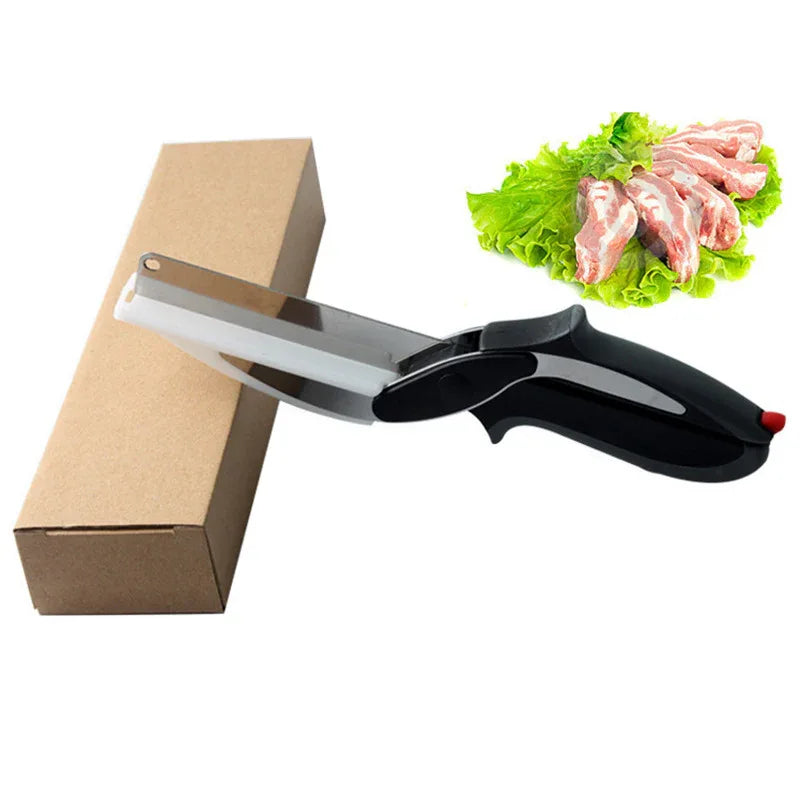 2-in-1 Ingenious Cutter Food Chopper & Scissor for Kitchen Versatile Use - 420 Stainless Steel Blade & Cutting Board Base, with Safety Lock - Mekamart Australia