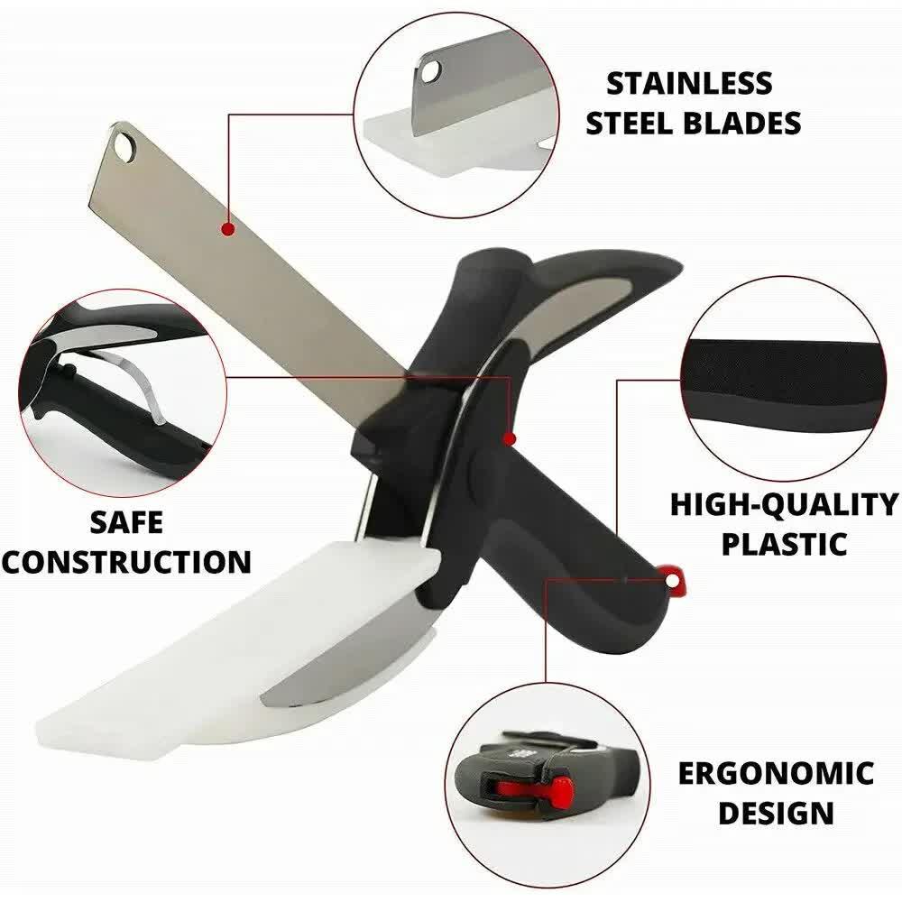 2-in-1 Ingenious Cutter Food Chopper & Scissor for Kitchen Versatile Use - 420 Stainless Steel Blade & Cutting Board Base, with Safety Lock - Mekamart Australia
