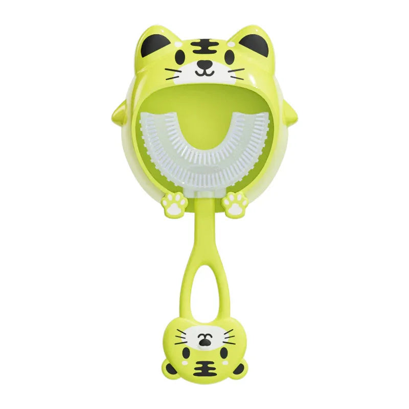 Green tiger U-Shaped Kids Toothbrush - Food Grade Silicone Manual Toothbrush for 2-12 Year Olds - 360 degree Full Mouth Cleaning Baby Oral Care - Comes with Wall Mount Holder - Mekamart Australia
