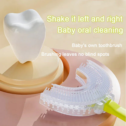 Green tiger U-Shaped Kids Toothbrush - Food Grade Silicone Manual Toothbrush for 2-12 Year Olds - 360 degree Full Mouth Cleaning Baby Oral Care - Comes with Wall Mount Holder - Mekamart Australia