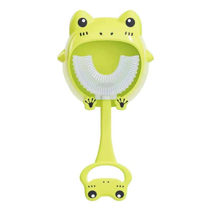 Green frog U-Shaped Kids Toothbrush - Food Grade Silicone Manual Toothbrush for 2-12 Year Olds - 360 degree Full Mouth Cleaning Baby Oral Care - Comes with Wall Mount Holder - Mekamart Australia