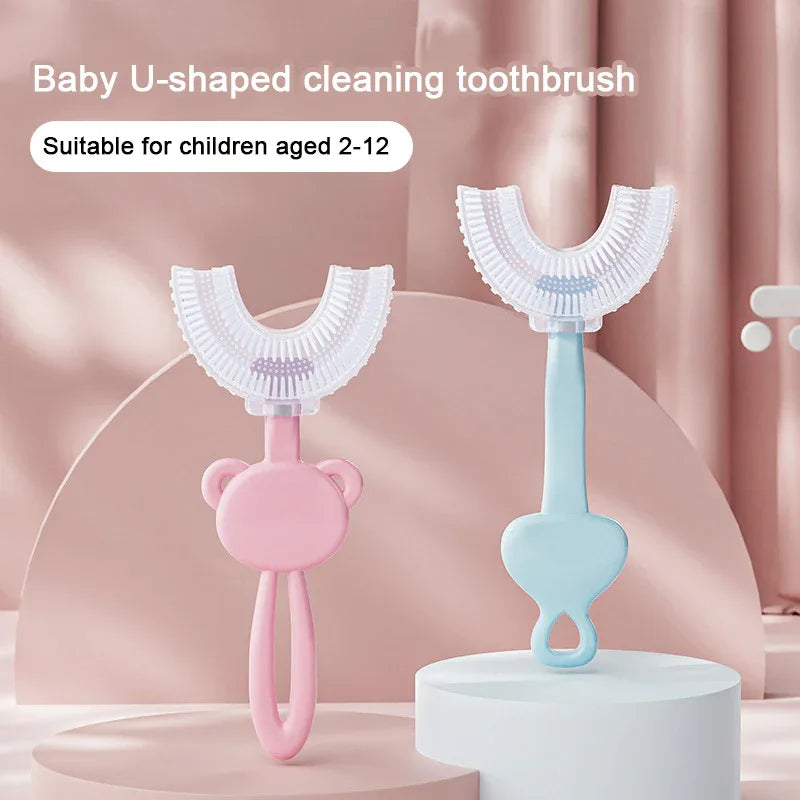 Green frog U-Shaped Kids Toothbrush - Food Grade Silicone Manual Toothbrush for 2-12 Year Olds - 360 degree Full Mouth Cleaning Baby Oral Care - Comes with Wall Mount Holder - Mekamart Australia