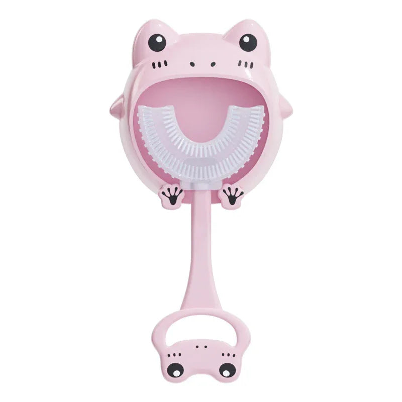 Pink frog U-Shaped Kids Toothbrush - Food Grade Silicone Manual Toothbrush for 2-12 Year Olds - 360 degree Full Mouth Cleaning Baby Oral Care - Comes with Wall Mount Holder - Mekamart Australia