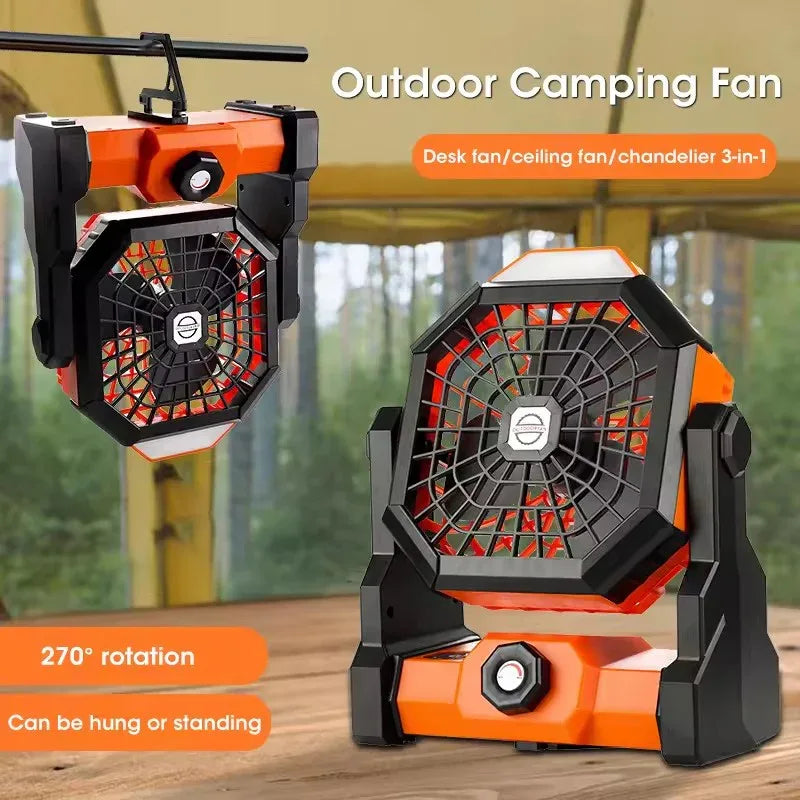 Black and orange Portable Outdoor Camping Fan with LED Light - Rechargeable USB Tent Fan for Australia - Mekamart Australia