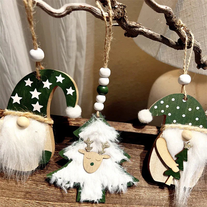 3-PCS The old man with green dots Christmas Ornaments Hanging Pendants Nordic Style Gnomes and Reindeer with Faux Fur and Beads for Xmas Tree Home Party Decoration - Mekamart Australia