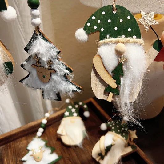 3-PCS Green wood chip trees Christmas Ornaments Hanging Pendants Nordic Style Gnomes and Reindeer with Faux Fur and Beads for Xmas Tree Home Party Decoration - Mekamart Australia