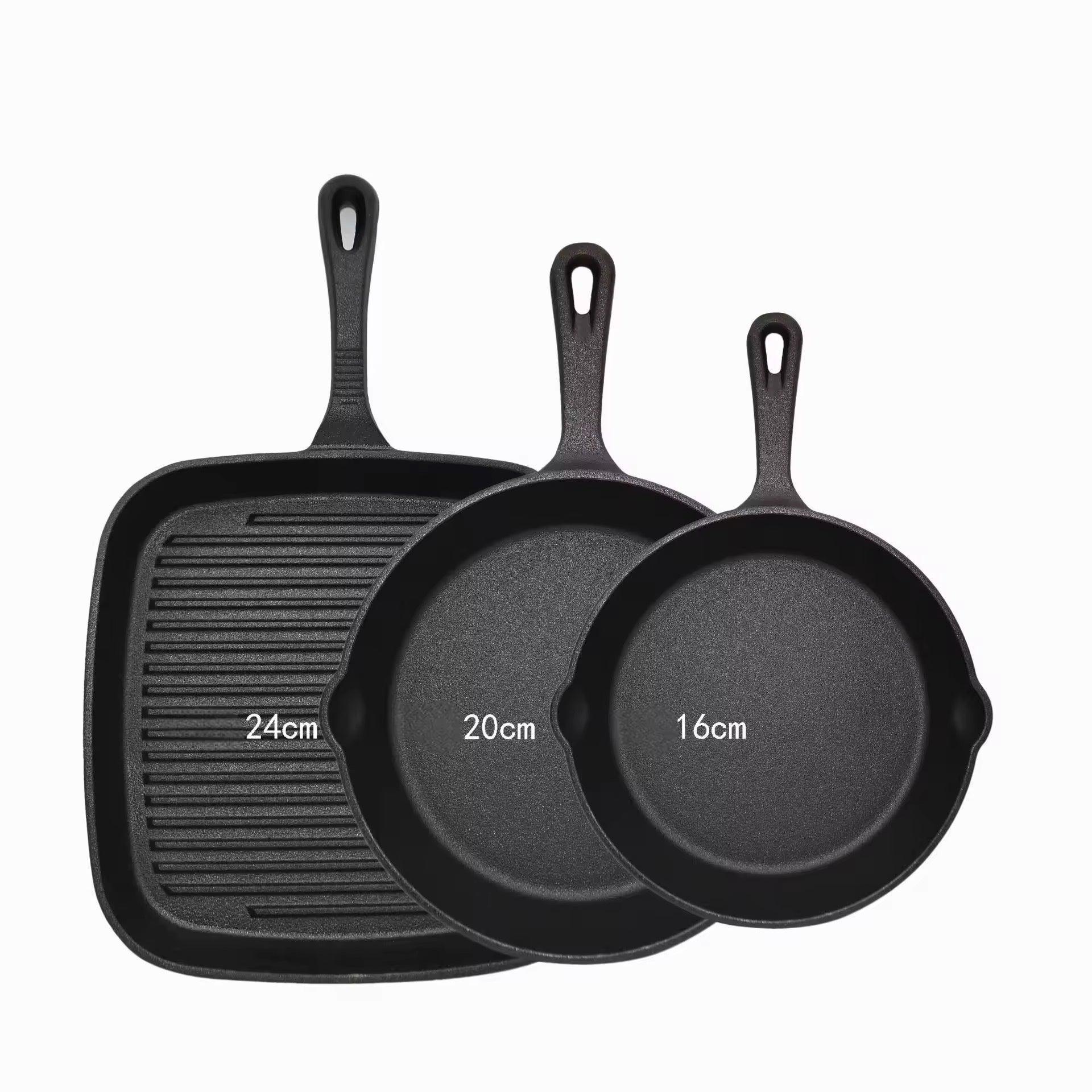 Three-piece set Heavy Duty Cast Iron Skillet & Grill Pan Thickened Vintage Style Cookware for Steak Breakfast & Camping - Mekamart Australia