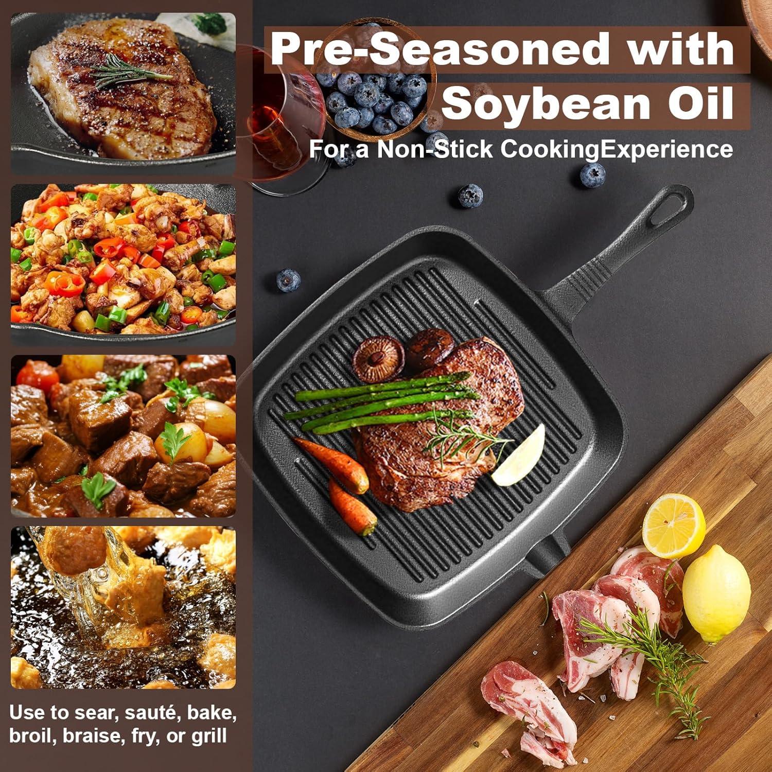 Three-piece set Heavy Duty Cast Iron Skillet & Grill Pan Thickened Vintage Style Cookware for Steak Breakfast & Camping - Mekamart Australia