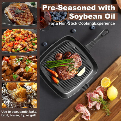 Five-piece set Heavy Duty Cast Iron Skillet & Grill Pan Thickened Vintage Style Cookware for Steak Breakfast & Camping - Mekamart Australia