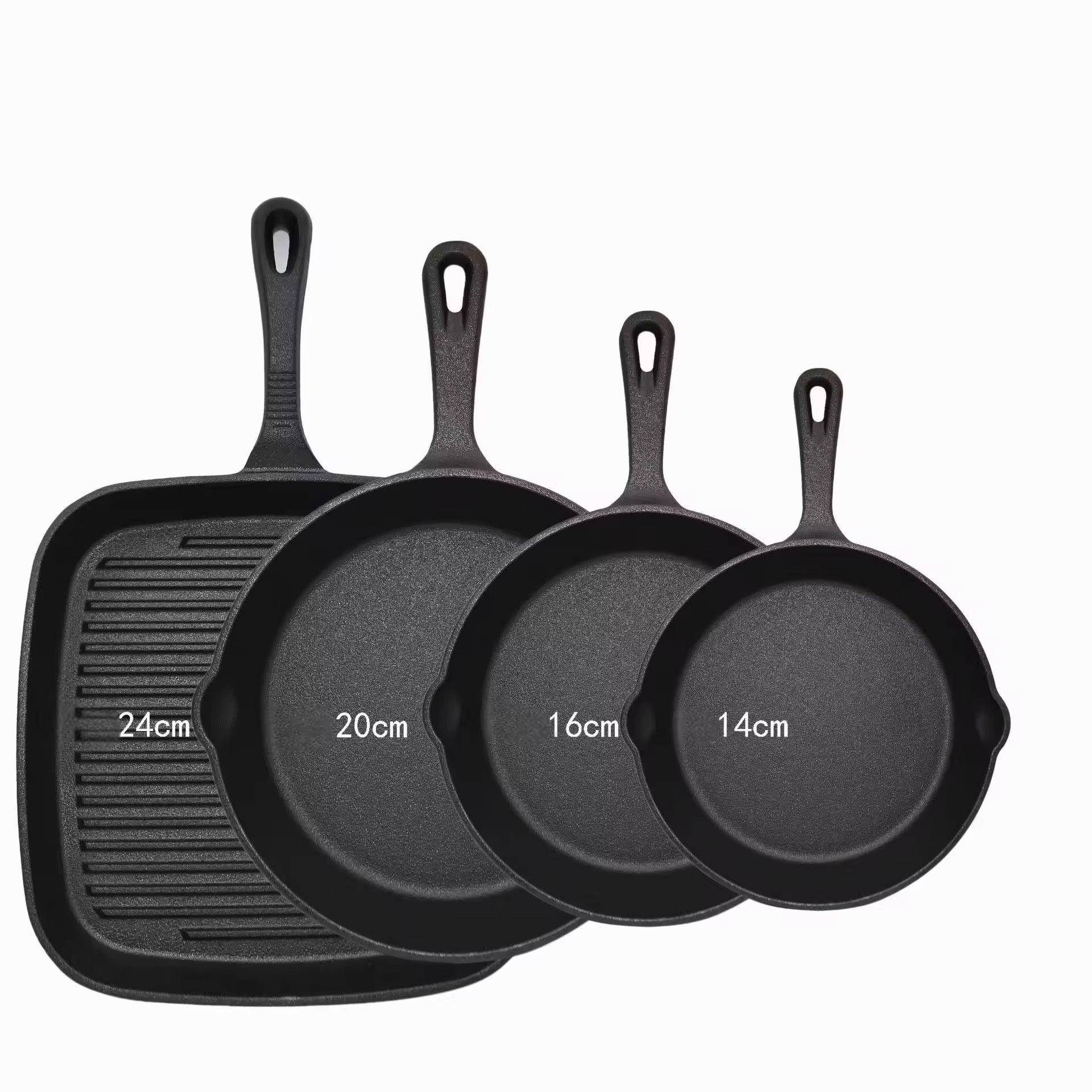 Four-piece set Heavy Duty Cast Iron Skillet & Grill Pan Thickened Vintage Style Cookware for Steak Breakfast & Camping - Mekamart Australia