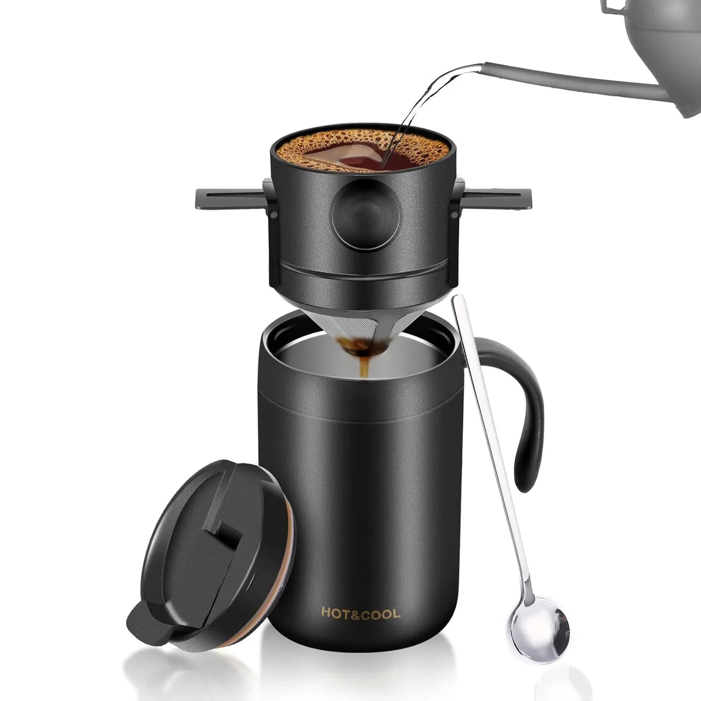 Black Portable Pour Over Coffee Maker Set Insulated Stainless Steel Travel Mug with Reusable Drip Filter and Spoon 3 Piece Kit - Mekamart Australia