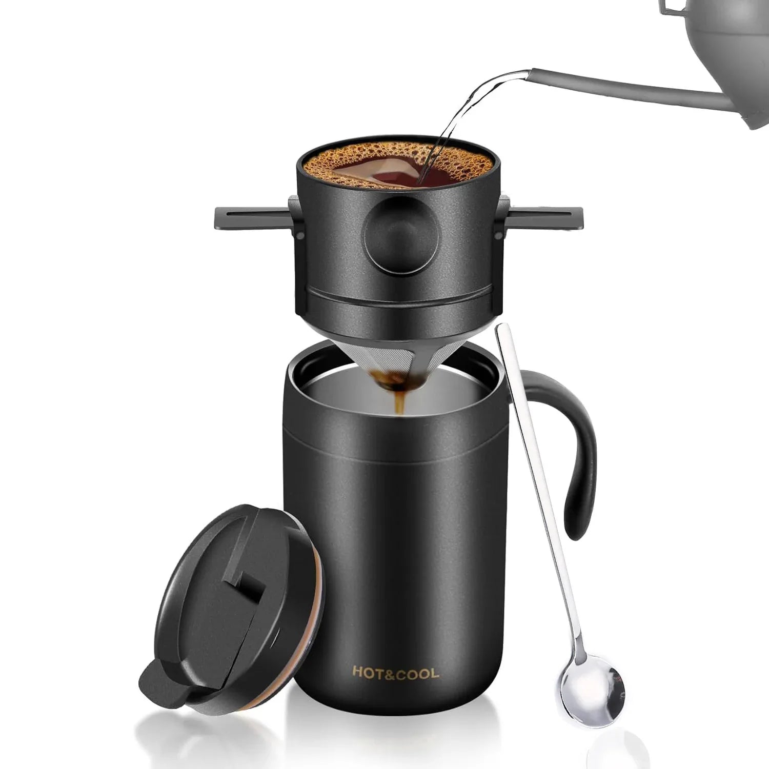 Black Portable Pour Over Coffee Maker Set Insulated Stainless Steel Travel Mug with Reusable Drip Filter and Spoon 3 Piece Kit - Mekamart Australia