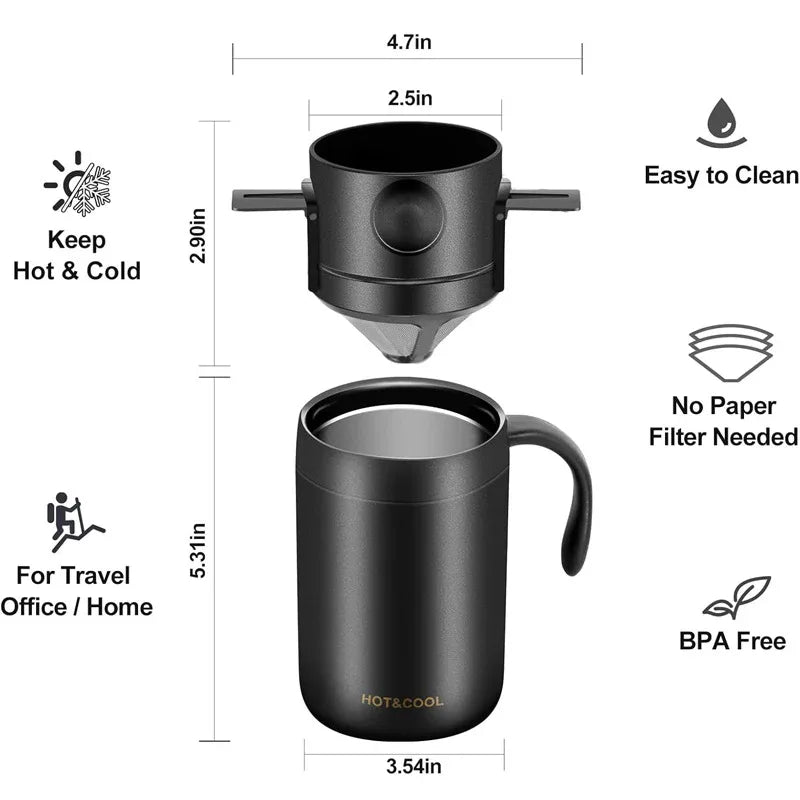 White Portable Pour Over Coffee Maker Set Insulated Stainless Steel Travel Mug with Reusable Drip Filter and Spoon 3 Piece Kit - Mekamart Australia